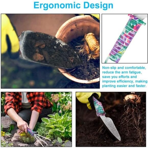 Gardening Tools,5 Pieces Garden Tools with Floral Print, Ergonomic Handle Trowel - Picture 4 of 8